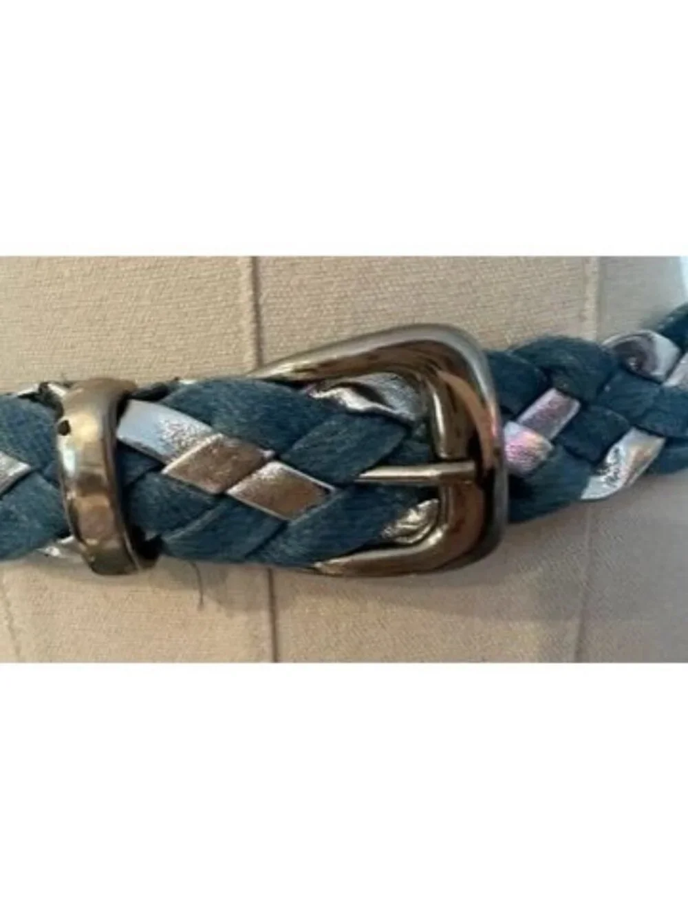 Braided Denim & Silver Metallic Belt With Metal Buckle - 36